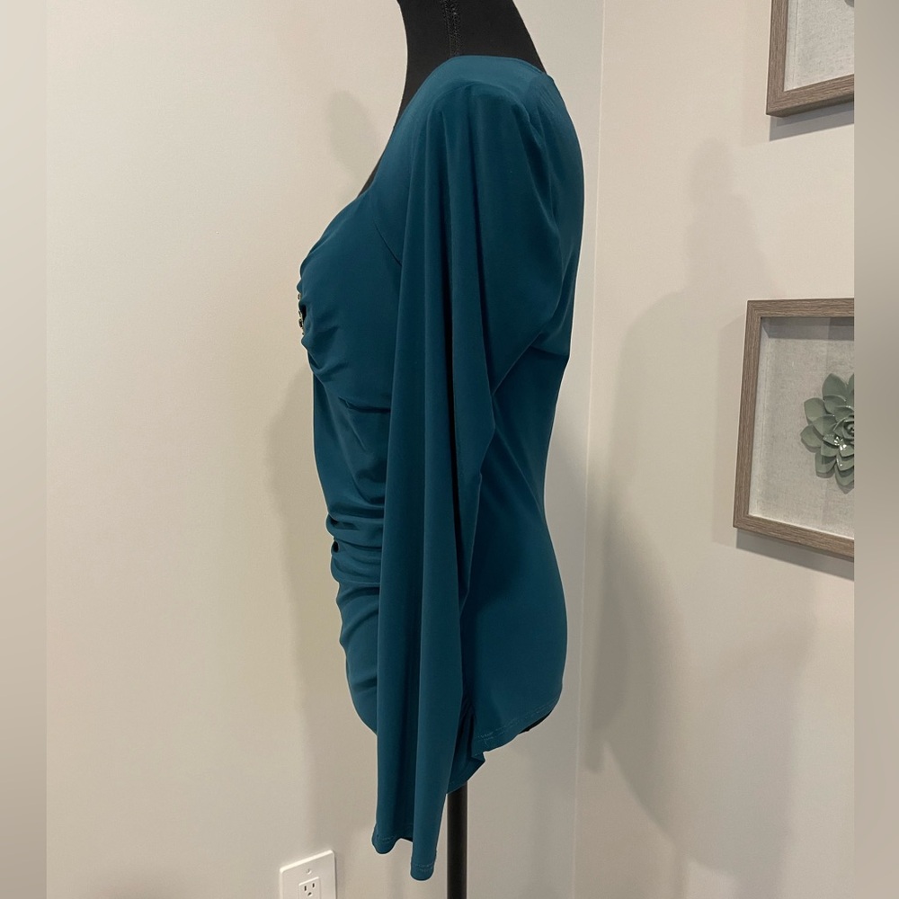 Vintage Frank Lyman Teal Gathered Blouse with Bust Bling GUC - Picture 2 of 7